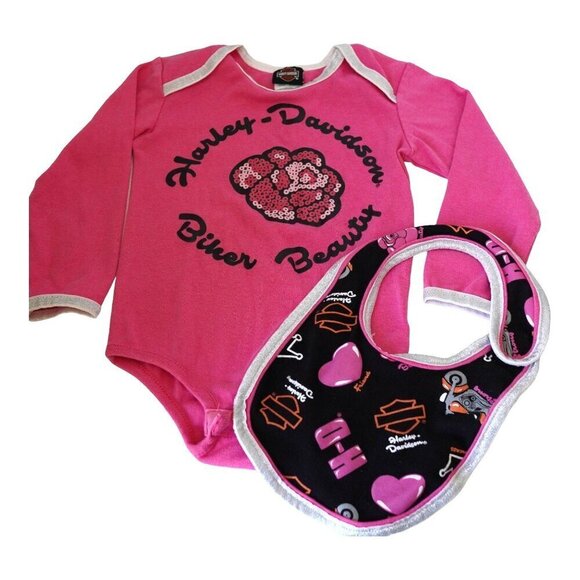 Harley-Davidson‎ Baby Girl's Pink Long Sleeve Bodysuit & Bib Set 18M - Picture 1 of 8
